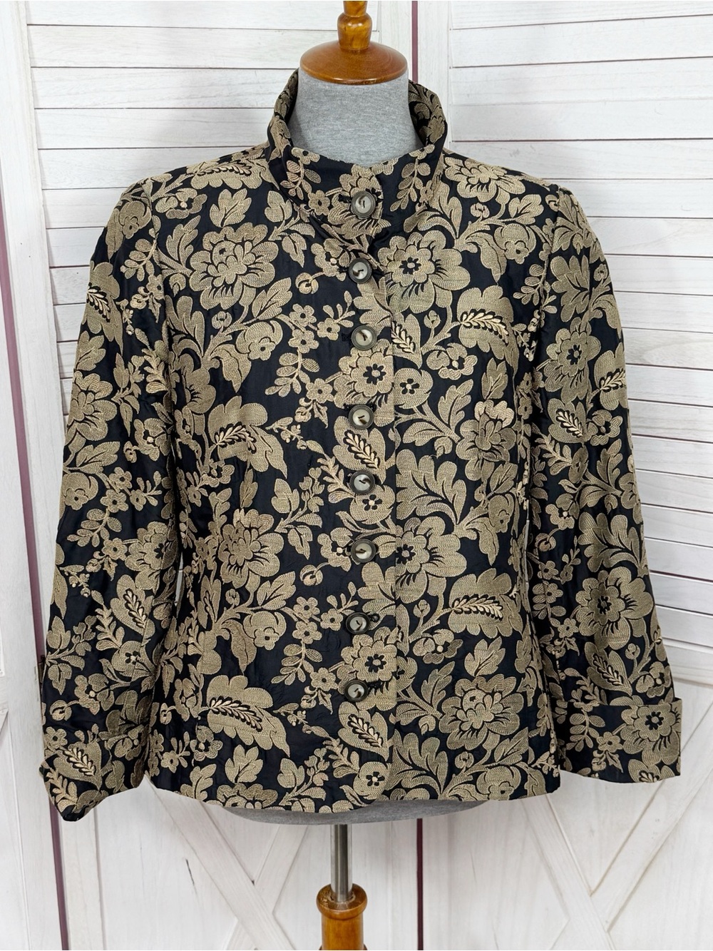 Nina McLemore Floral Silk Brocade Funnel Neck Blazer Jacket Black Gold 10